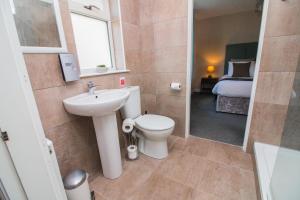 巴尔马哈Balmaha Lodges and Apartments的浴室配有卫生间、盥洗盆和淋浴。