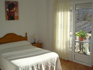 阿尔卡拉德尔胡卡尔蒂阿妮斯酒店的一间卧室设有一张床和一个滑动玻璃门