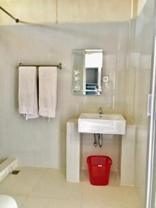 DukuPenginapan Intan Bandara的浴室配有盥洗盆、镜子和毛巾