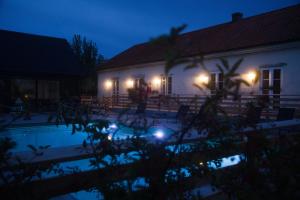 PersnäsHotell Persnäs的一座晚上设有游泳池的房子