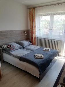 布科维纳-塔钱斯卡Pokoje Gościnne U Babuni的一间卧室配有一张带蓝色毯子的床和窗户。