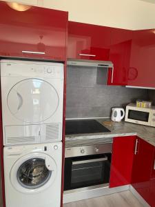 大塔拉哈尔Apartamentos Candelarita的红色厨房内带洗衣机的厨房