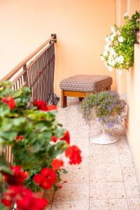 特尔斯泰纳2- posteľová izba s kúpeľňou EMKA v PENZION TRSTENÁ的一张长凳,坐在开满红花的阳台