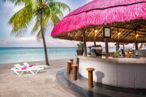 坎昆Grand Oasis Palm - All inclusive的海滩上的酒吧,棕榈树和大海