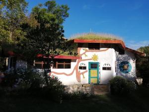 瓜塔维塔Jardin Colibri RNT 33633的草屋顶和五彩缤纷的门的房子
