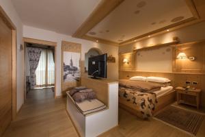 莫埃纳Hotel Patrizia Dolomites Glamour的一间卧室配有一张床和一台电视
