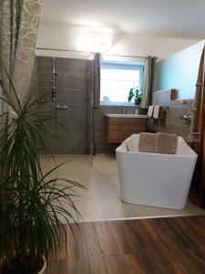 FahrenbachApartment Riedhof的带浴缸、淋浴和盥洗盆的浴室