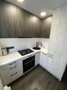 帕内韦日斯Parko 443的厨房配有白色橱柜和炉灶烤箱。