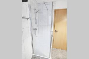 里拉辛根-沃布林根Ferienwohnung Rhode的浴室里设有玻璃门淋浴