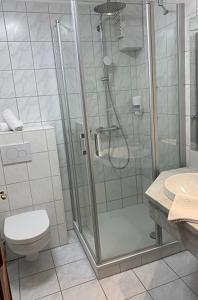 拉博埃希尔将军酒店的带淋浴、卫生间和盥洗盆的浴室