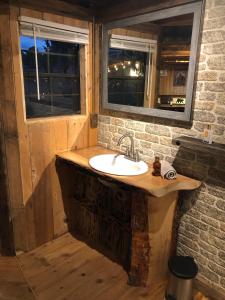 蒙特罗斯Double G Ranch & Guestlodge的一间带水槽的浴室和两个窗户