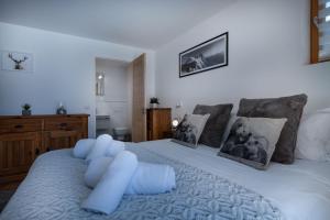 夏蒙尼-勃朗峰Yeti Lodge Chalets & Apartments的卧室配有带蓝色枕头的大型白色床