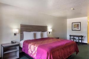圣安东尼奥OYO Inn & Suites Medical Center San Antonio的酒店客房设有一张大床和两张桌子。