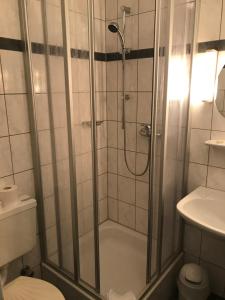 莱茵河畔的宾根Rheinhotel Starkenburger Hof的带淋浴、卫生间和盥洗盆的浴室