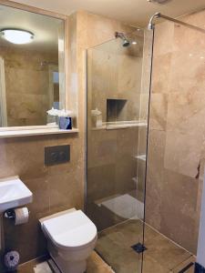 切斯特菲尔德WILDES Derbyshire的一间带卫生间和玻璃淋浴间的浴室