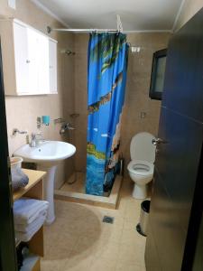 皮吉Theanos House的浴室设有卫生间、水槽和淋浴帘