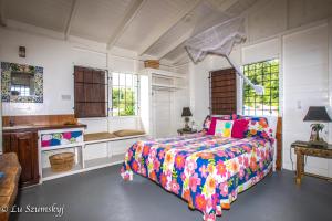 Calibishie凉廊景观旅馆的一间卧室配有一张带五颜六色棉被的床