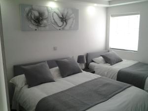 DowlaisLady Charlotte Guest rooms triple rooms的一间卧室设有两张床和窗户。