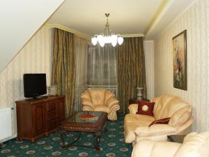 伊万诺-弗兰科夫斯克中庭酒店的客厅配有两把椅子和电视