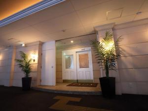 奈良Hotel Fine Garden Nara Horai的门前有两棵植物的走廊