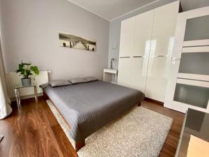 格但斯克Apartament CHANELLKA Garnizon Gdańsk的一间卧室配有床和白色橱柜