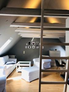黑措根奥拉赫Riverview Loft in Central Herzogenaurach的阁楼卧室设有双层床和梯子