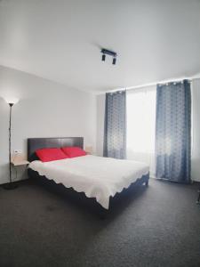 罗夫诺Міни - готель в центрі Apartment in Center的卧室配有带红色枕头的大型白色床