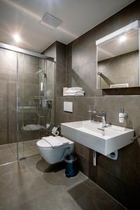 苏黎世SWAS by Livingdowntown的一间带水槽、卫生间和淋浴的浴室