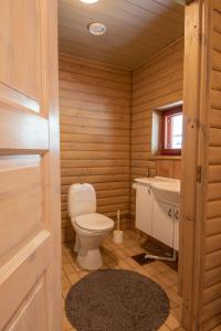 Korkeakoski库尔塔拉平房旅馆的木制浴室设有卫生间和水槽