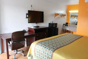克尔维尔Lone Star Inn Kerrville/Fredericksburg的一间卧室配有一张床、一张书桌和一台电视