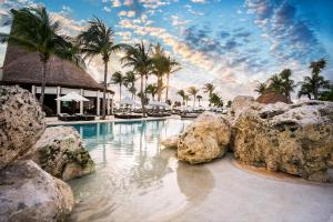 普拉亚卡门Secrets Maroma Beach Riviera Cancun - Adults only的棕榈树和岩石度假村的游泳池