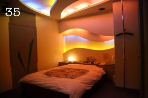HOTEL K's GOMANGOKU adult only的一间卧室配有一张大床和灯光