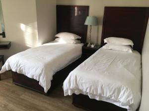 布隆方丹Hydro Guesthouse的卧室内的两张床,配有白色床单和枕头
