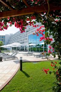 波尔蒂芒维斯塔码头公寓酒店的公园内有野餐桌和鲜花的建筑