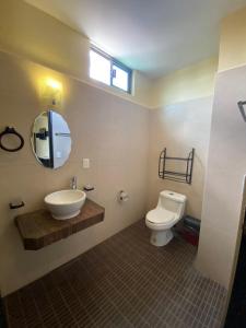 CandelariaHotel Taxaha的一间带卫生间、水槽和镜子的浴室