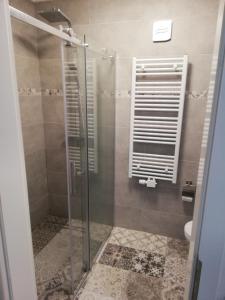 兰格尔斯海姆Hills Hut的浴室里设有玻璃门淋浴