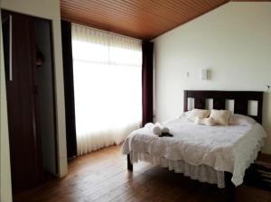 迦太基Hotel Vistas del Cielo的一间卧室配有一张带白色床单的床和一扇窗户。