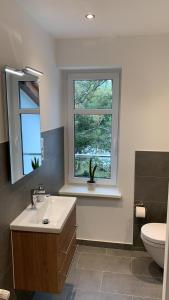 波茨坦Landgasthof Alter Krug Potsdam OT Marquardt的一间带水槽和卫生间的浴室以及窗户。