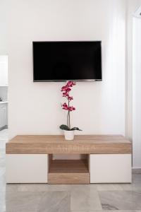 贝纳尔马德纳Apartamento Marina Suite的白色墙壁上的电视,桌子上放着鲜花