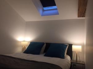 克卢尼Gîte des Charmilles /La Maison des Gardes的一间卧室配有一张带蓝色枕头的床和两盏灯。