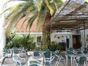 Alcaracejos拉斯特雷斯霍塔斯旅舍的一个带桌椅的庭院和棕榈树