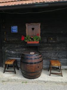 图赫尔斯克利普利采Robinzonski smještaj Tepeš的一个带花卉种植器和两个凳子的桶