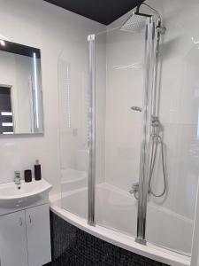 凯尔采Apartament Panoramiczna的带淋浴和盥洗盆的白色浴室