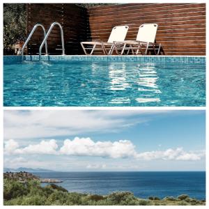 圣尼古拉奥斯Fexulis Studios & Suites的两张带椅子的游泳池和海洋的照片