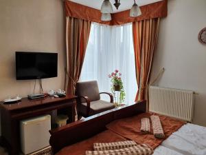 尼特拉欧克酒店的一间卧室配有一张床、一张书桌和一台电视