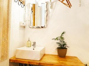 巴塞罗那Hostal Portugal的浴室设有白色水槽和盆栽植物