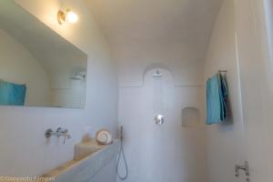 潘泰莱里亚Dammuso Kaddiuggia Antica Pantelleria的浴室配有水槽和带蓝色毛巾的淋浴