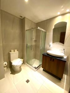 拉纳卡爱诺拉公寓酒店的带淋浴、卫生间和盥洗盆的浴室