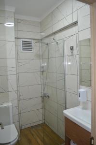 艾瓦勒克梅佳思酒店的带淋浴、卫生间和盥洗盆的浴室