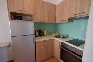 奇茲希Apartment Baran的厨房配有木制橱柜和白色冰箱。